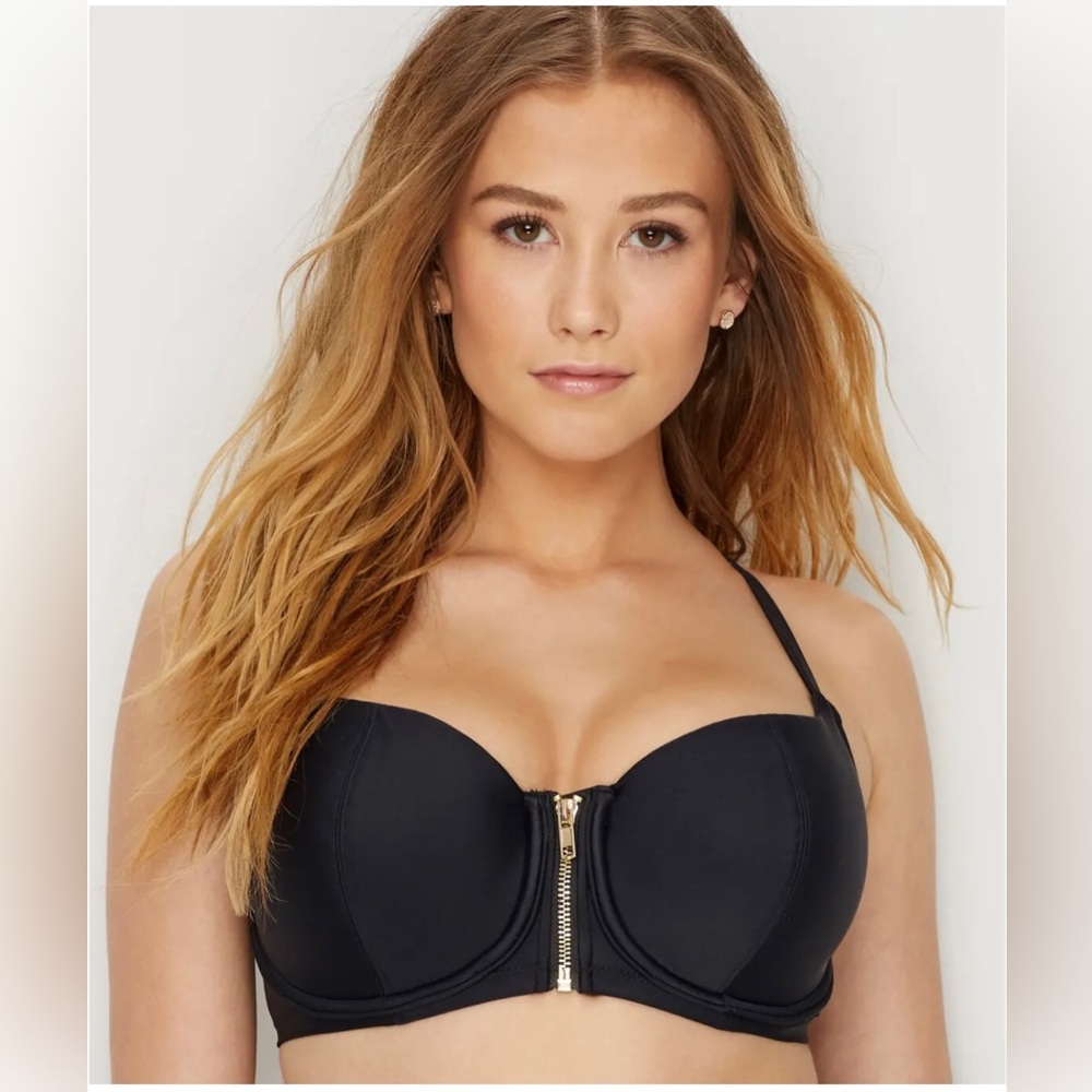 LBB Black Zip Longline Convertible Straps Bikini Top 36DD